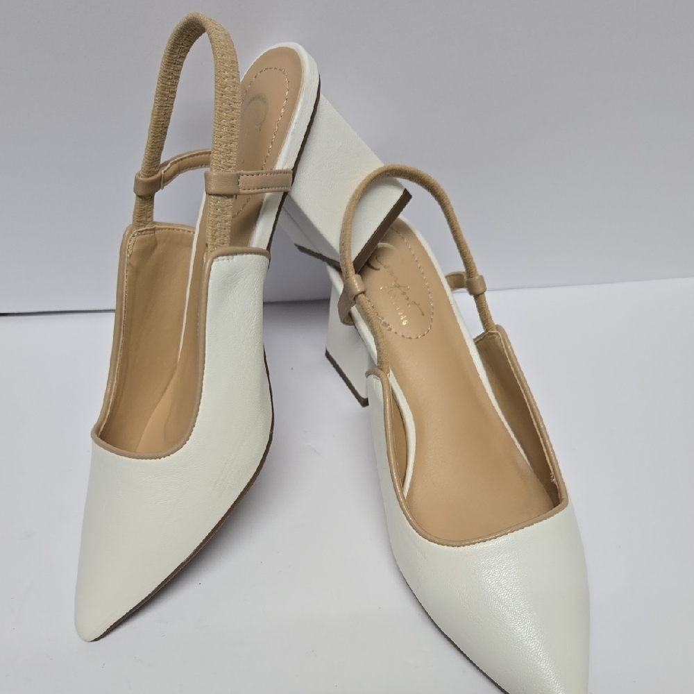Moving Comfort White and Tan Slingback Heels